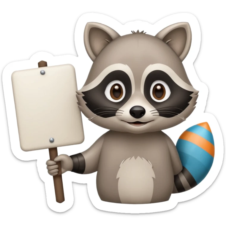 soft raccoon mascot holding a blank sign, neutral calm colors, gentle smile, rounded shapes, clean outline, safe educational style sticker