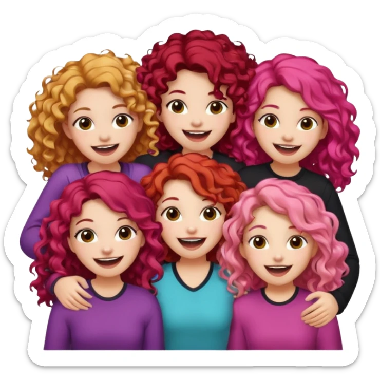 5 girls  curly redhead, one with brunette dyed blonde hair, one long haired wavy brunette, one mid-length haired brunette, and one black haired girl with partially dyed bright red/pink hair sticker