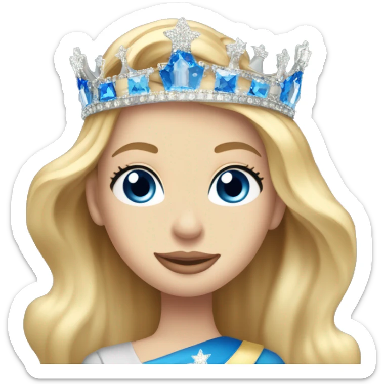 Long blonde hair blue eyed beauty queen with crown on and sash that says American united miss preteen sticker