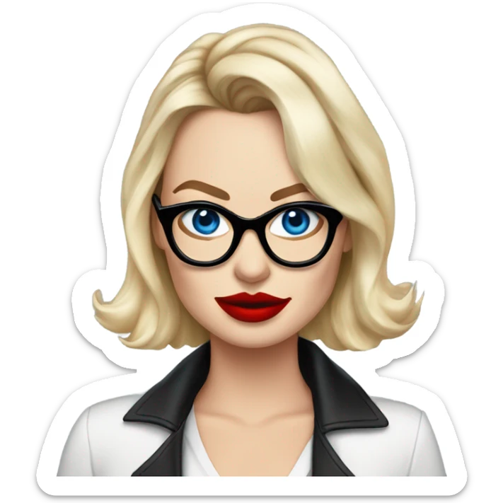 Realistic Margot Robbie, bright blue eyes, red kisses, wearing black glasses  sticker