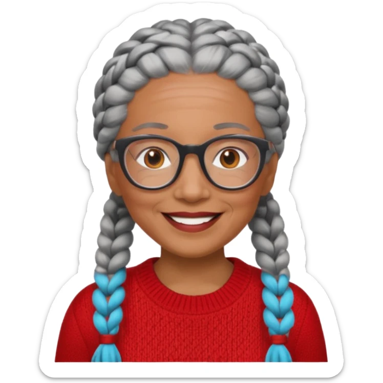 Older woman of color with gray braids, glasses and smiling sticker