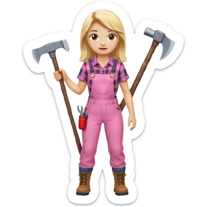 lumberjack blonde woman holding axe pink checked shirt and overall sticker
