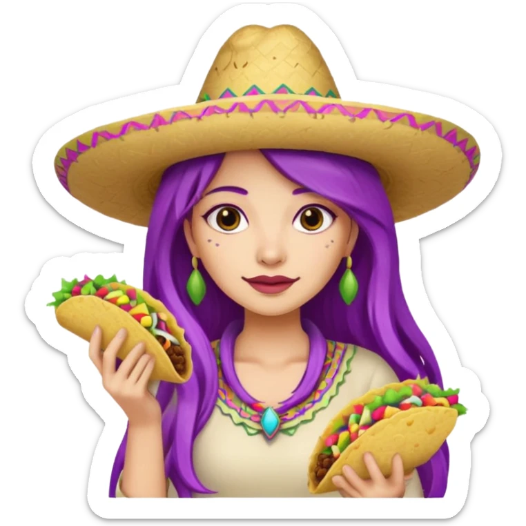 woman holding taco with purple long hair and hat on head  sticker