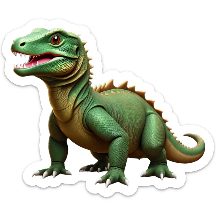 cinematic-komodo-dragon-realistic-full-body-on all fours-emoji,-massive-scaled-body-poised-with-quiet-power,-rough-textured-skin-dark-green-and-brown,-head-tilted-dramatically,-long-forked-tongue-flicking-out,-simplified-yet-realistic-focused-features,-highly-detailed,-glowing-with-an-almost-sarcastic-glow sticker