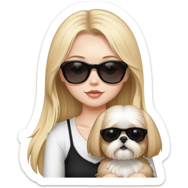 Blonde girl with long hair wearing black sunglasses and pale skin holding tan Shih Tzu  sticker