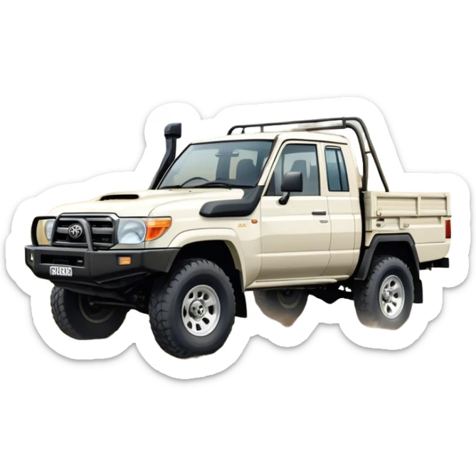 Toyota LandCruiser 70 Series (2021) – Cinematic-realistic Toyota LandCruiser 70 Series ute, its rugged white frame bouncing over rough farm tracks. Dust billows behind as the vehicle powers across dry paddocks, a trusty farm dog perched in the tray, scanning the horizon. sticker