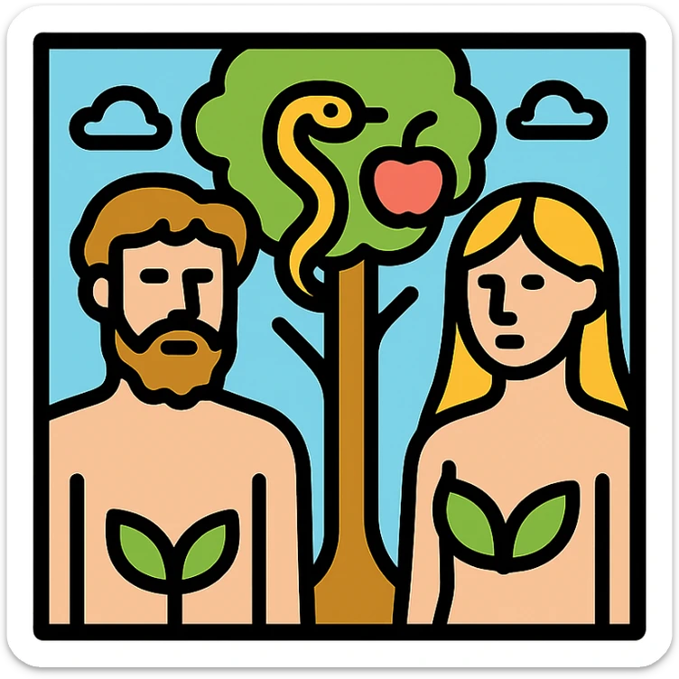 Adam and Eve in the Garden of Eden, with the apple and the snake, minimal and modern style, square scene sticker