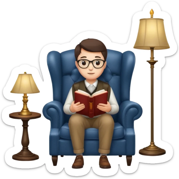 peruse at your leisure, person reading with small glasses in a wingback chair next to a lamp sticker