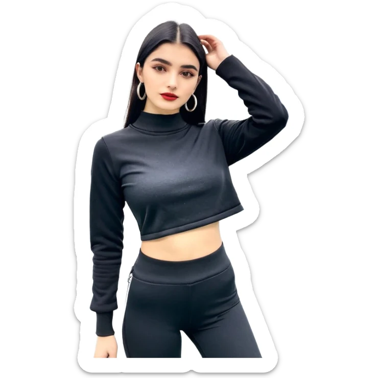 Siyah uzun saçlı siyah ceket  polar ceket ceket gevşek biraz omzundan çıkıyormuş gibi ve bugday ten rengi soltaraftaki omzundan çıkık sadece içinde de siyah crop var crop açık esmer esmer ceketin içinde siyah crop var ceket fazla omzundan çıkmasın  sticker