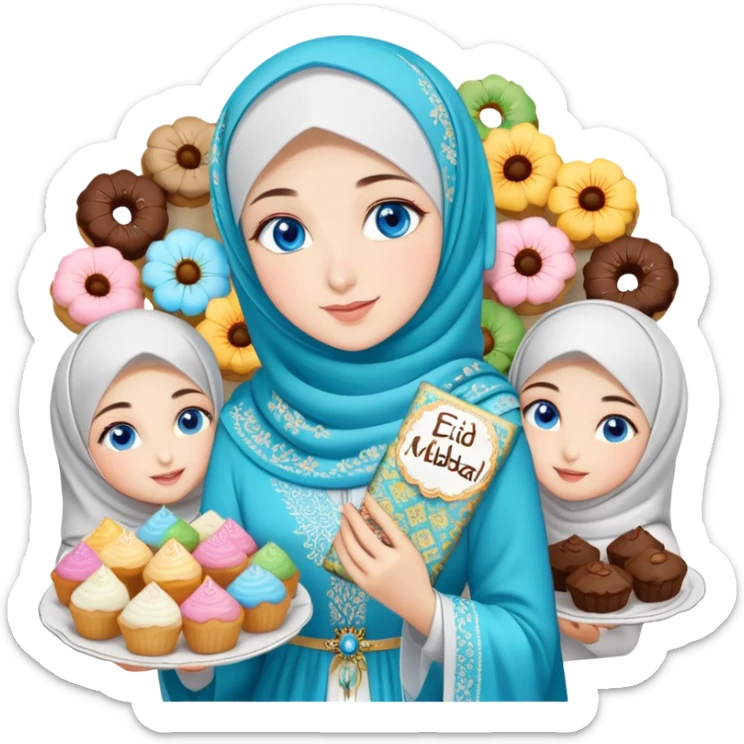 Turkish beautiful finish Konya girl blue eyes with lily floral hijab islamic dress and had on her hand text Eid Mubarak with sweets and celebrating with her friends eid days   sticker