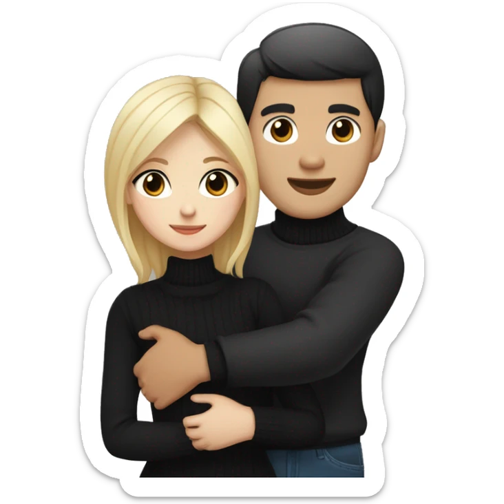 Blonde girl with blue eyes in black sweater and an east asian man with black hair and black eyes hugging sticker