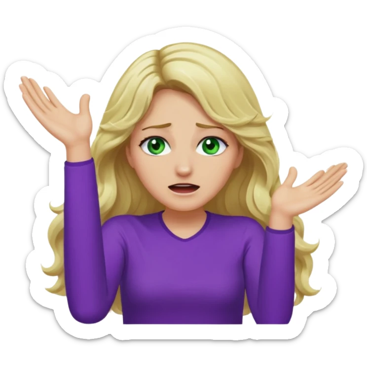 lady with long wavy blonde hair, purple top, green eyes, throwing her hands in the air crying sticker