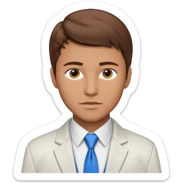 un homme type caucasien brun plutot jeune avec des jolies traits avec une chemise blanche et une veste a manche longues et cravate bleu il a les yeux marron sticker