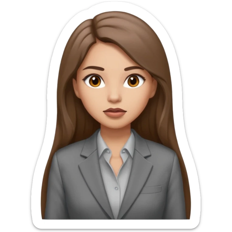 a young woman in a grey pantsuit.   She has brown eyes and very long brown hair. The parting of the hair is straight in the middle and the skin color is light. Lips are pumped up sticker