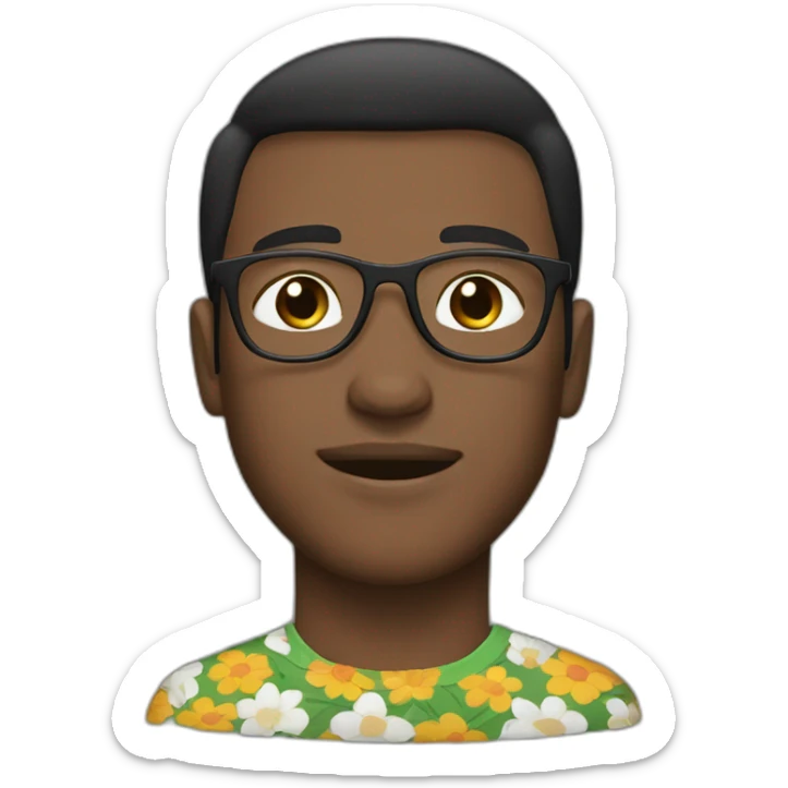 white guy dark short hair wearing glasses and dark t-shirt with flowers print sticker