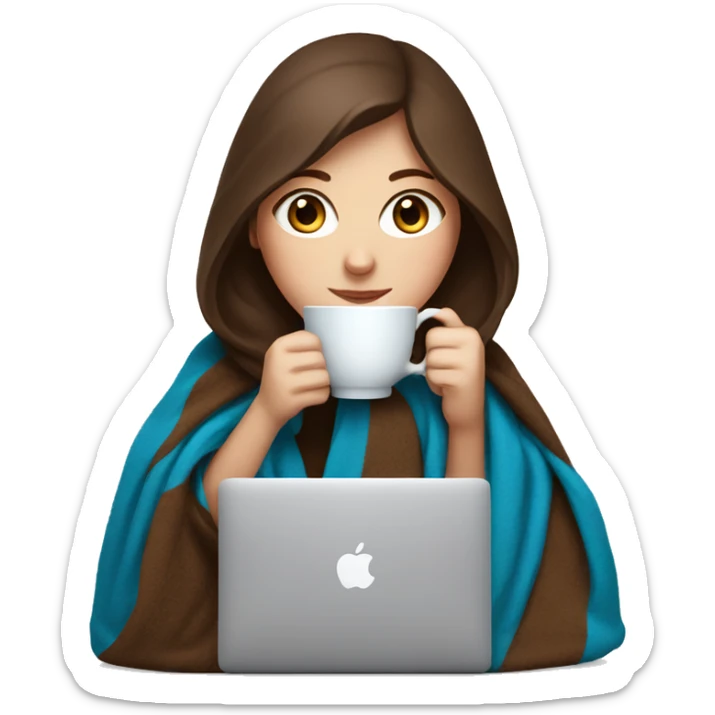 White Girl with blue eyes and brown hair drinking tea with blanket on a macbook sticker