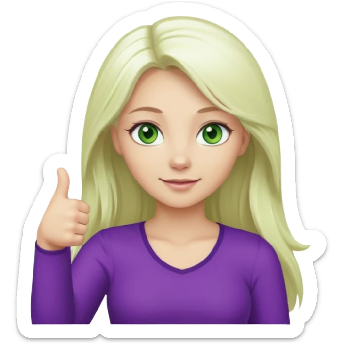 Long platinum blonde hair girl with green eyes in purple top with thumbs up  sticker