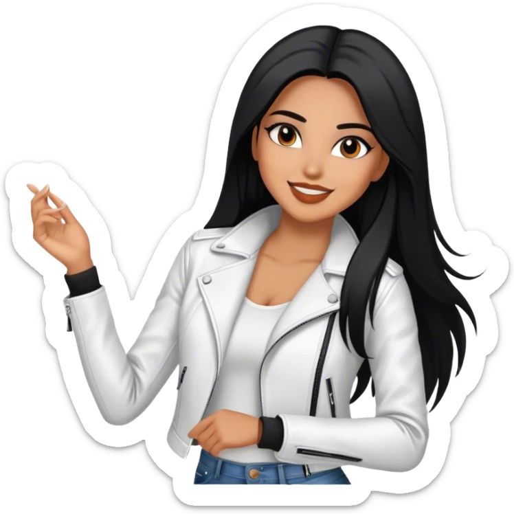 beautiful fit woman, with long straight black hair, with make up, black eye liner, smile mooth close, mexican, brown skin, wearing casual white outfit and leather black jacket, flirting sticker