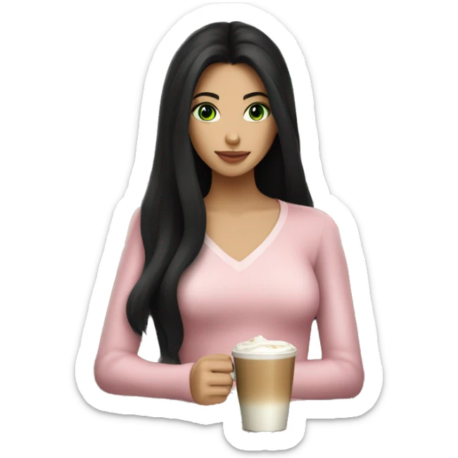 girl with very long black hair and green eyes and light pink outfit drinking a latte sticker