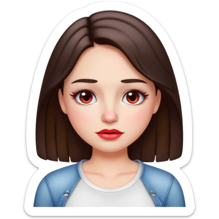 “Emoji brunette girl white top, dewy skin, heavy blush across cheeks and nose bridge, glossy cherry lips, soft eyeliner, teary sparkling eyes like hanni from new jeans sticker