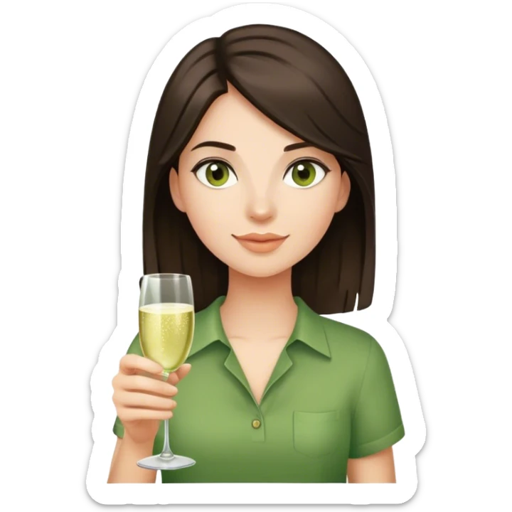 Girl with dark brown hair wearing a green shirt and holding a champagne glass sticker