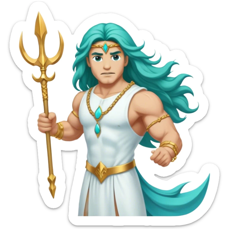 Muscular turquoisecolored long hair man white dress gold bracelet holding trident sticker
