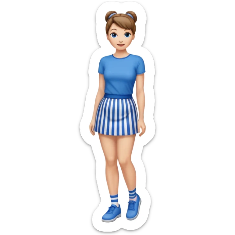 Pretty 50-year-old woman with 1 miniskirt that is blue and white striped brown hair in bun blue eyes and pretty legs sticker
