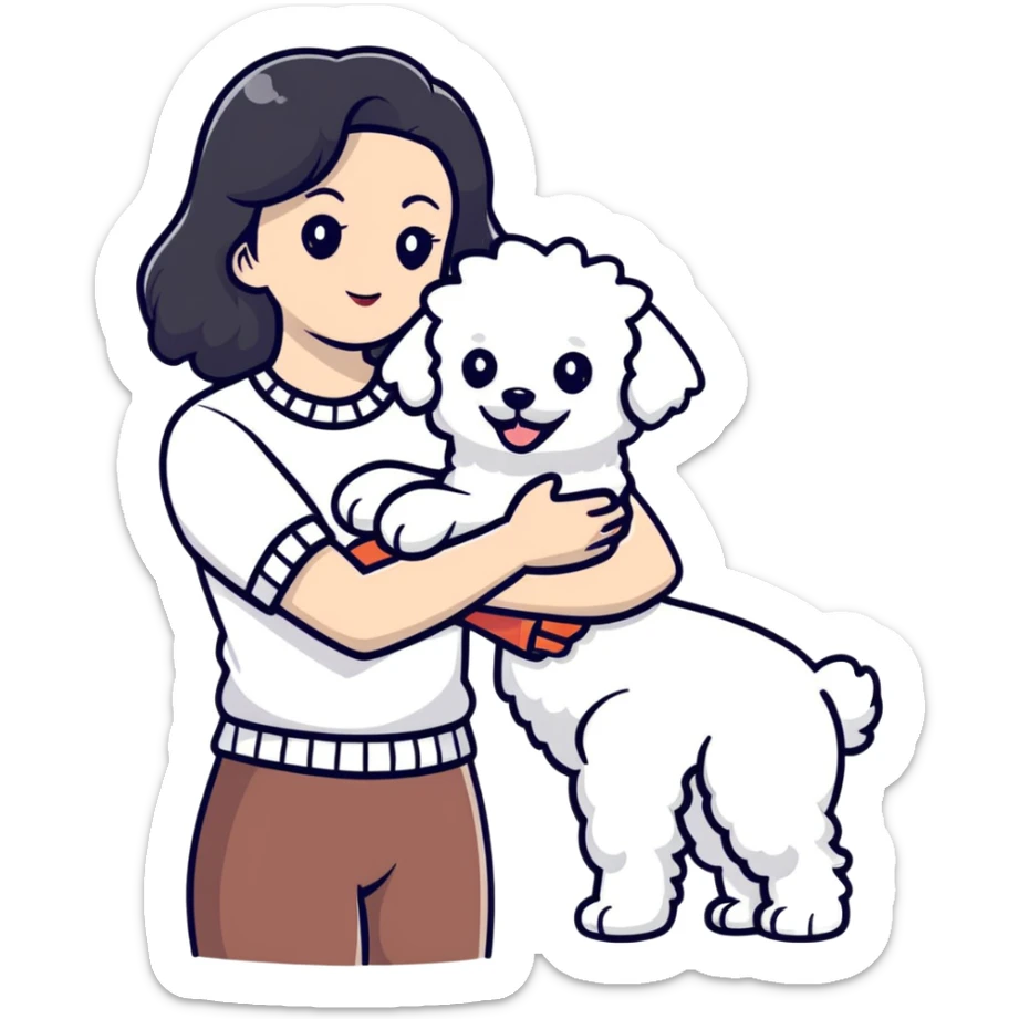woman with long black hair holding white fluffy Bichon Frise dog sticker