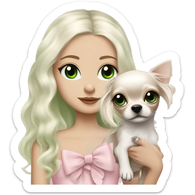 pale blonde girl with long platinum white wavy hair with bright green eyes and wearing a light pink hair bow holding a black and white long haired chihuahua puppy also wearing a hair bow sticker