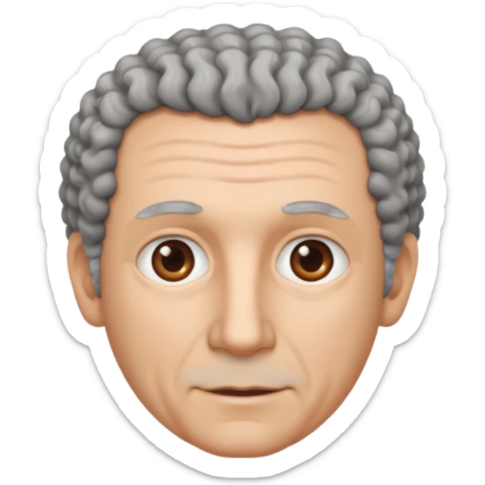 Illustrated emoji of a middle aged man with receding grey curly hair, brown eyes, white skin sticker