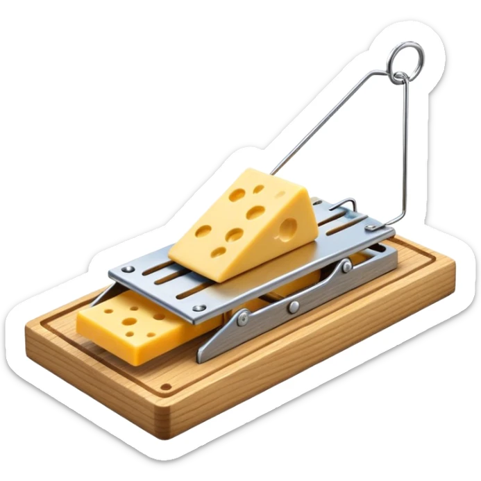 A 3D emoji in iOS emoji aesthetic style of a classic mousetrap with a wooden base and a metal spring mechanism, holding a small piece of yellow cheese, clean and detailed design, white background, glossy Apple-style rendering sticker