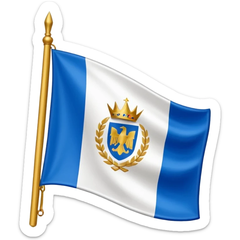 Hazme la bandera blanca con una franja azul de punta izquierda arriba a punta derecha abajo con un escudo en medio de la bandera de colores dorados sticker