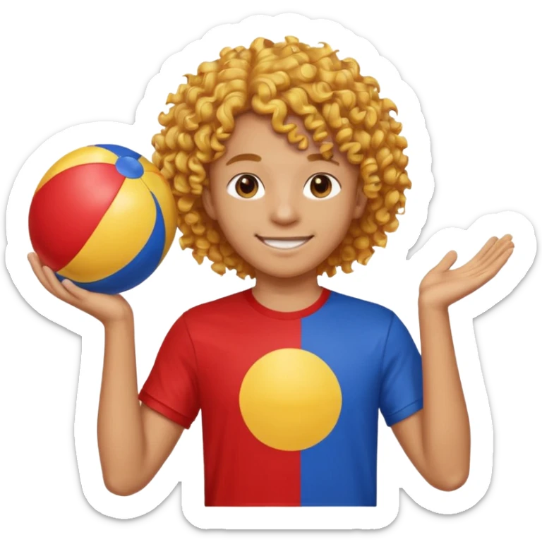 una persona de 18 años marron clarito con el pelo amrillo rizado con una camiseta roja y azul con un logo circular dorado y levantando un balon de playa sticker