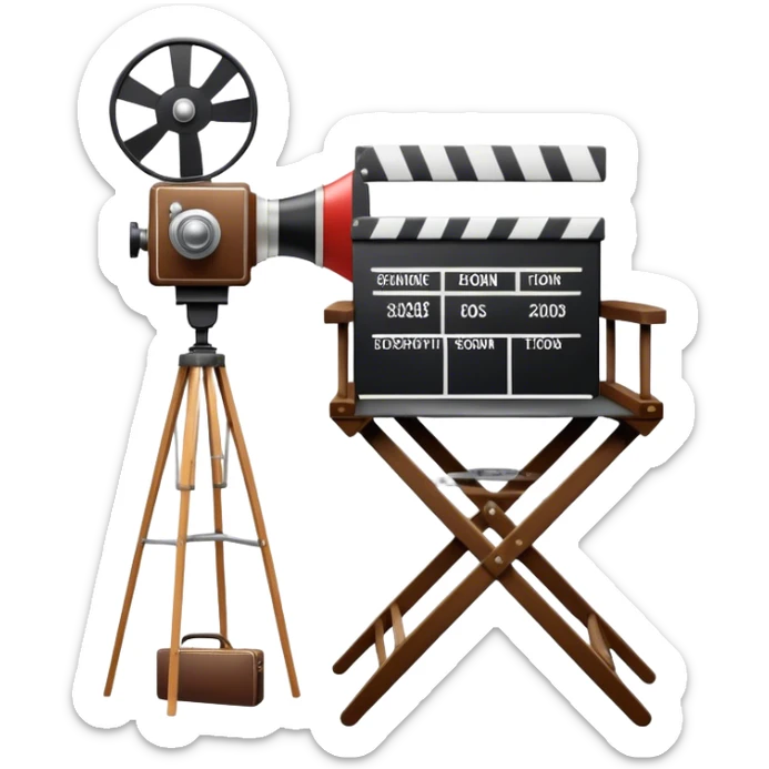 Icon for Directing: a director's chair, a film clapperboard, large movie camera, vintage megaphone and a stage with a spotlight. The icon should represent the creative and organizational aspects of directing, with focus on storytelling, staging, and performance. Transparent background. sticker