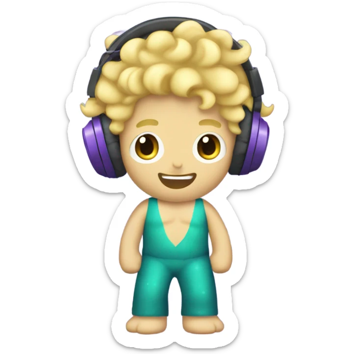 create me a emoji of a mermand wearing headphones wearing purple skin and blond hair blue eyes curcly hairy midium length sticker