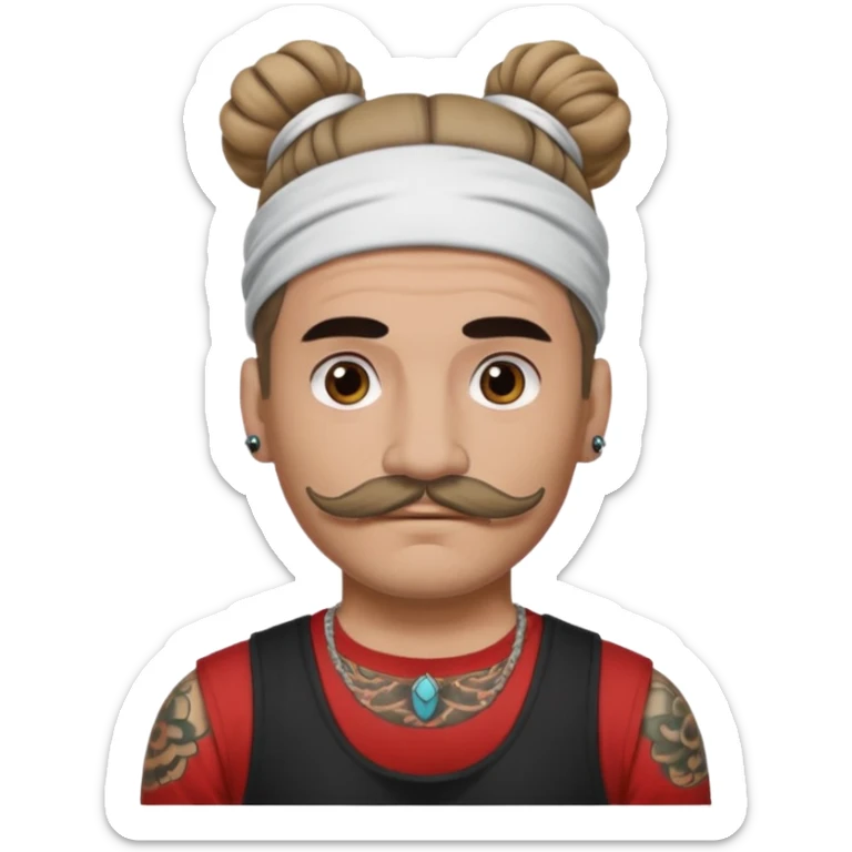 single bun hair man and mustache and face tattoos very heavy and headband sticker