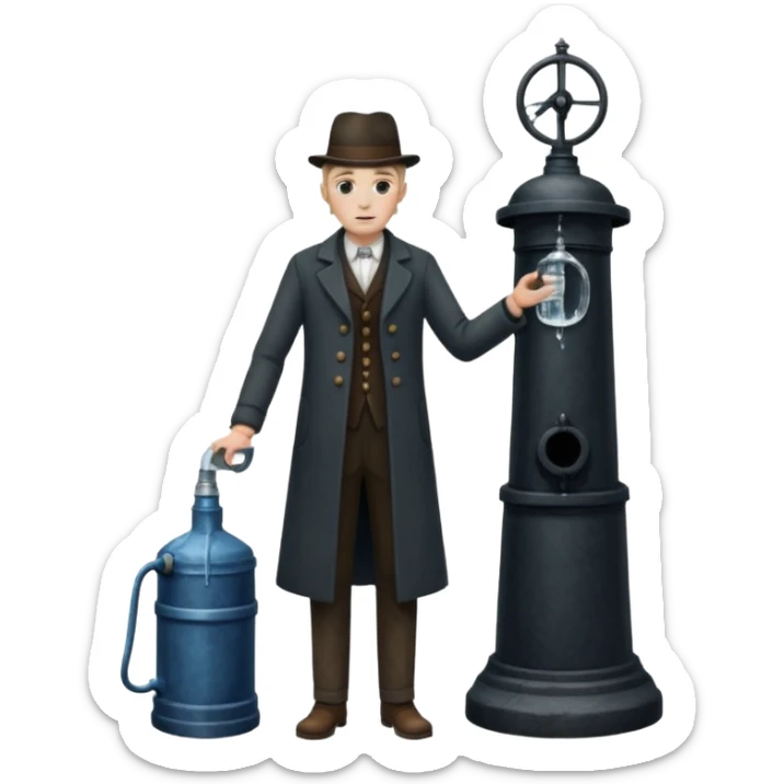 A victorian doctor with a street water pump in a dirty street sticker