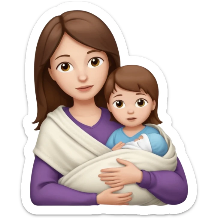 A white-skinned mother with brown hair holds her baby with white skin and brown hair in her arms, the baby is wrapped in a white blanket sticker