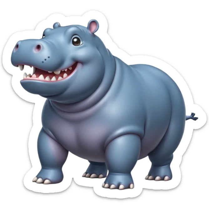 cinematic-hippo-realistic-full-body-side-view-standing-on-all-fours-emoji,-massive-round-frame,-wide-mouthed-grin-exposing-huge-teeth,-head-tilted-dramatically,-thick-greyish blue-hide-glossy, big cute eyes sticker