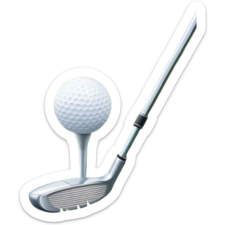 A golf ball on a tee, with a golf club placed beside it on the lush green fairway. The background shows a serene golf course with neatly trimmed grass and a clear blue sky, emphasizing the elegance and precision of the game. sticker