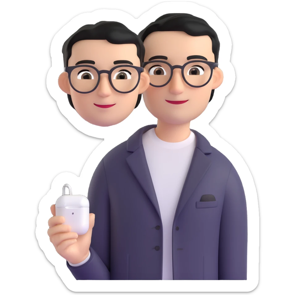 Memoji-style 3D cartoon male avatar, light skin, short black hair, side part, large round black eyes, thin arched eyebrows, small sharp nose, smiling mouth, thin round glasses, silver AirPods Max, black blazer, white T-shirt, smart relaxed, curious and attentive, podcast host sticker