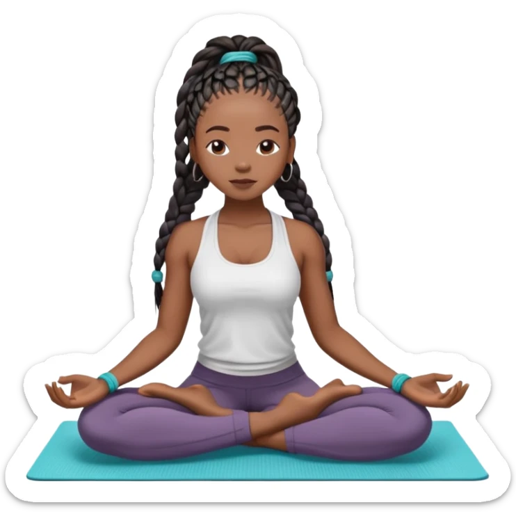 A dark-skinned Black woman with long box braids, sitting cross-legged on a yoga mat, eyes closed, hands on knees, wearing a fitted yoga set. sticker