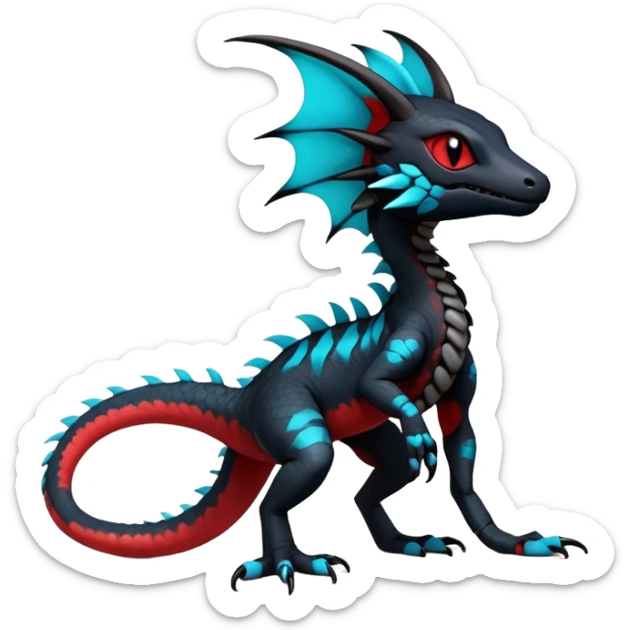 Rare realistic exotic edgy dark gothic gloomy spooky black and red/blue/cyan epic pretty beautiful handsome gorgeous aesthetic colorful vibrant Vernid-Trico-species-Fakemon-Salandit-hybrid-creature by LiLaiRa, 4 legs, 1 tail, random markings, (full body) sticker