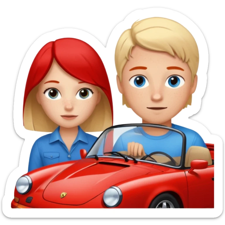crea un emoji que sea una pareja, una chica rubia con pecas en la cara & los ojos azules & un chico con el pelo negro lindo con ojos cafés que haya un porsche rojo  sticker