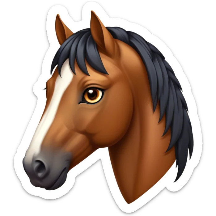 Cinematic Noble Bay Horse Portrait Emoji, Poised and regal, with a strong, athletic build and a rich, well-groomed bay fur accented by a dark mane and tail, deep-set soulful amber eyes, Simplified yet sharp and sophisticated features, highly detailed, glowing with a warm, dignified glow, high shine, intelligent and majestic, stylized with an air of equine elegance, focused and attentive, soft glowing outline, capturing the essence of a watchful and confident steed, so majestic it feels as though it could gallop out of the screen with effortless authority! sticker