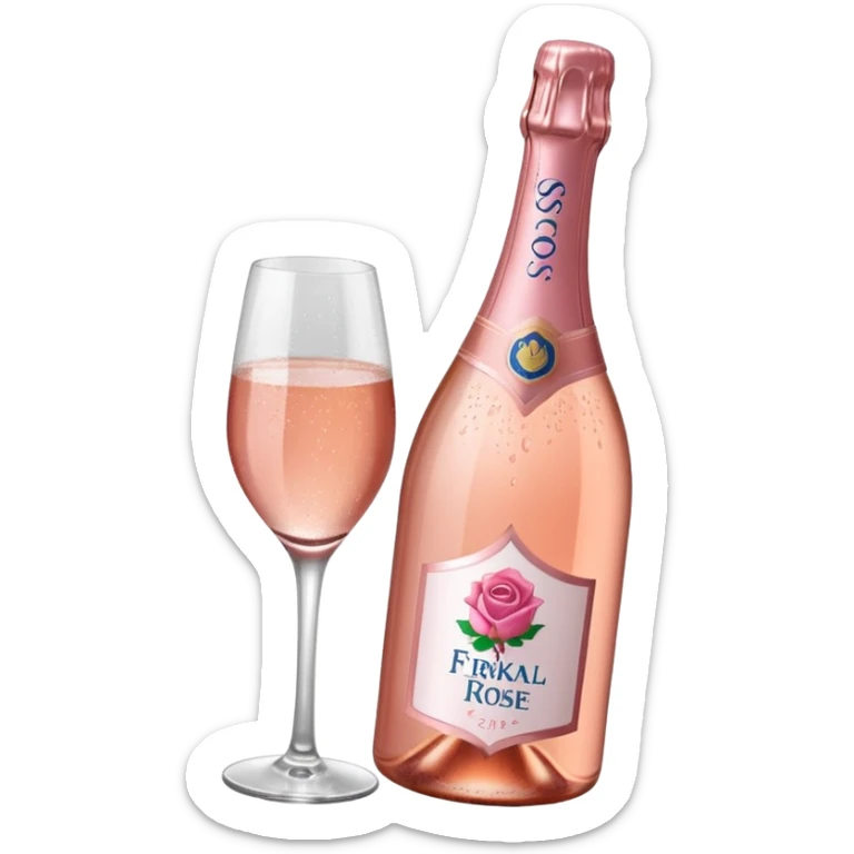bottle of sparkling rosé with a rose logo on the label, angled to the left, no glass sticker