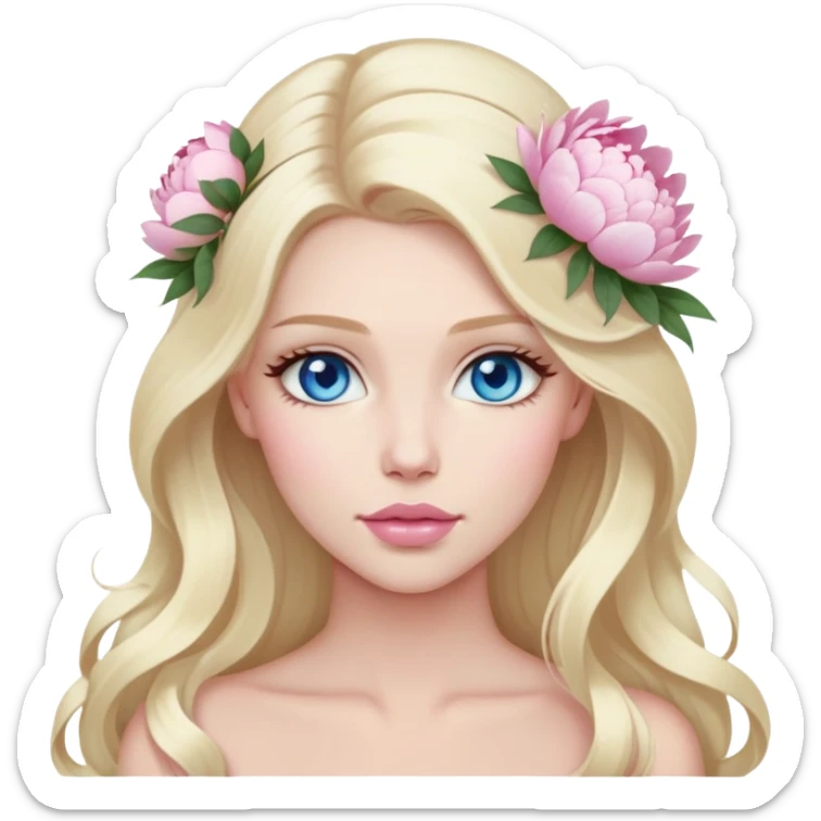 White bride with long light blonde hair and blue eyes with light pink peonies in hair white skin light pink lips sticker