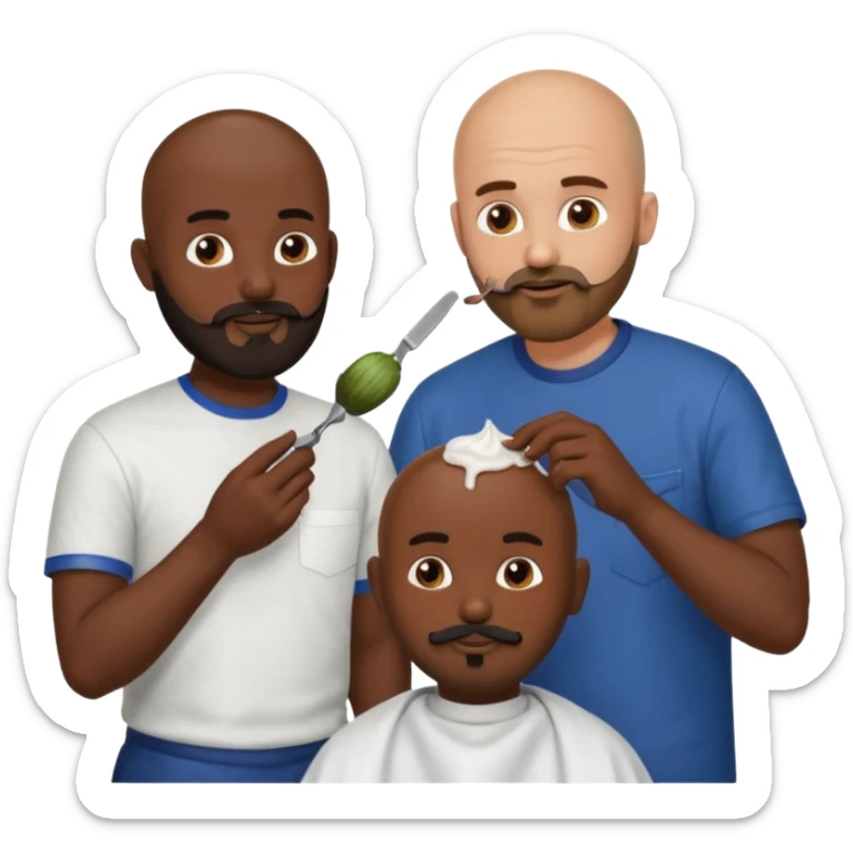 A bald man with a dark brown beard cutting someone’s hair at a barber shop and the other guy is eating a poop ball and the poop ball has eyes sticker