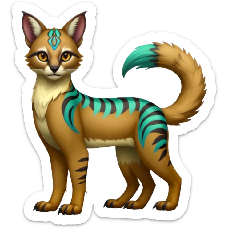 Realistic Colorful tropical tribal fruity exotic neon vibrant fantasy-caracal-civet-genet-sergal-vernid-Gryphon-Cacomistle-Trico-oncilla-animal-Fakémon-hybrid-fursona (full body), facial markings, (realism style) sticker