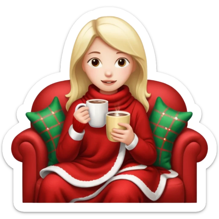 Girl celebrate christmas on the sofa, with hot chocolate, warm sock, warm blanket sticker